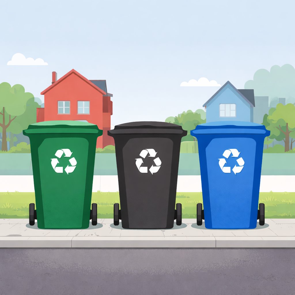 Three recycling bins - green, black, and blue - with recycle symbols, representing trash, recycling, and waste collection in Cincinnati