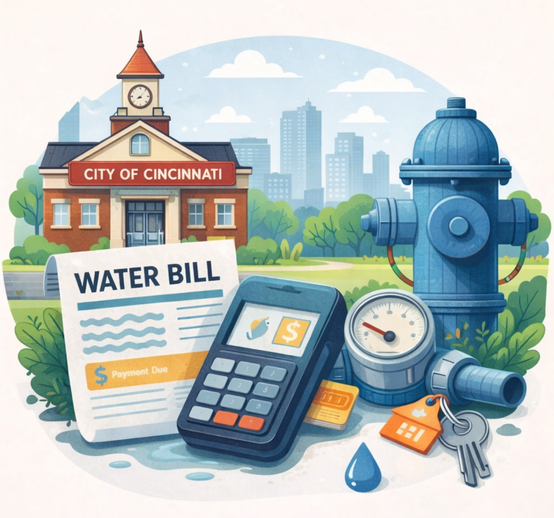 Illustration of Cincinnati water billing: a City building, a water bill, payment terminal, and water meter/hydrant representing water service and bill payment